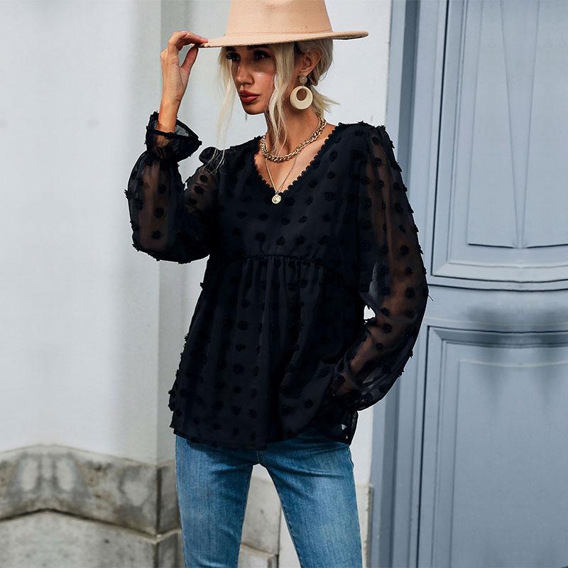 Fashionable and Casual Temperament Early Fall Tops Thin Section Loose V-neck Long-sleeved Black Shirt