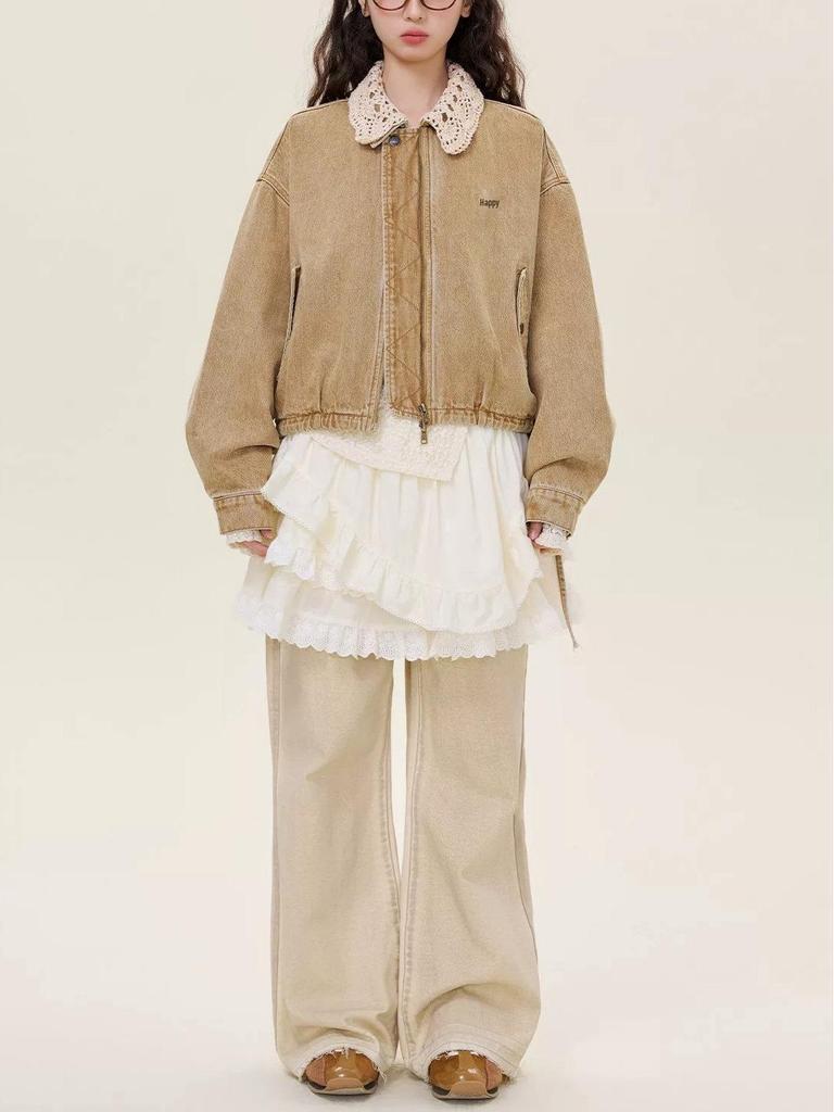 In Stock: Romantic Lace Denim Jacket with Detachable Knit Collar and Bud Hem - Girlish Style for Autumn