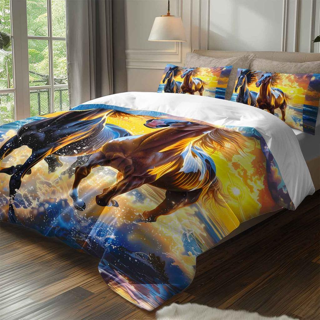 3pcs Sunset Horses Running in Ocean Bedding Duvet Cover Set Horses Bedding Quilt Set Ocean Themed Bed Quilt Set Romantic Horses