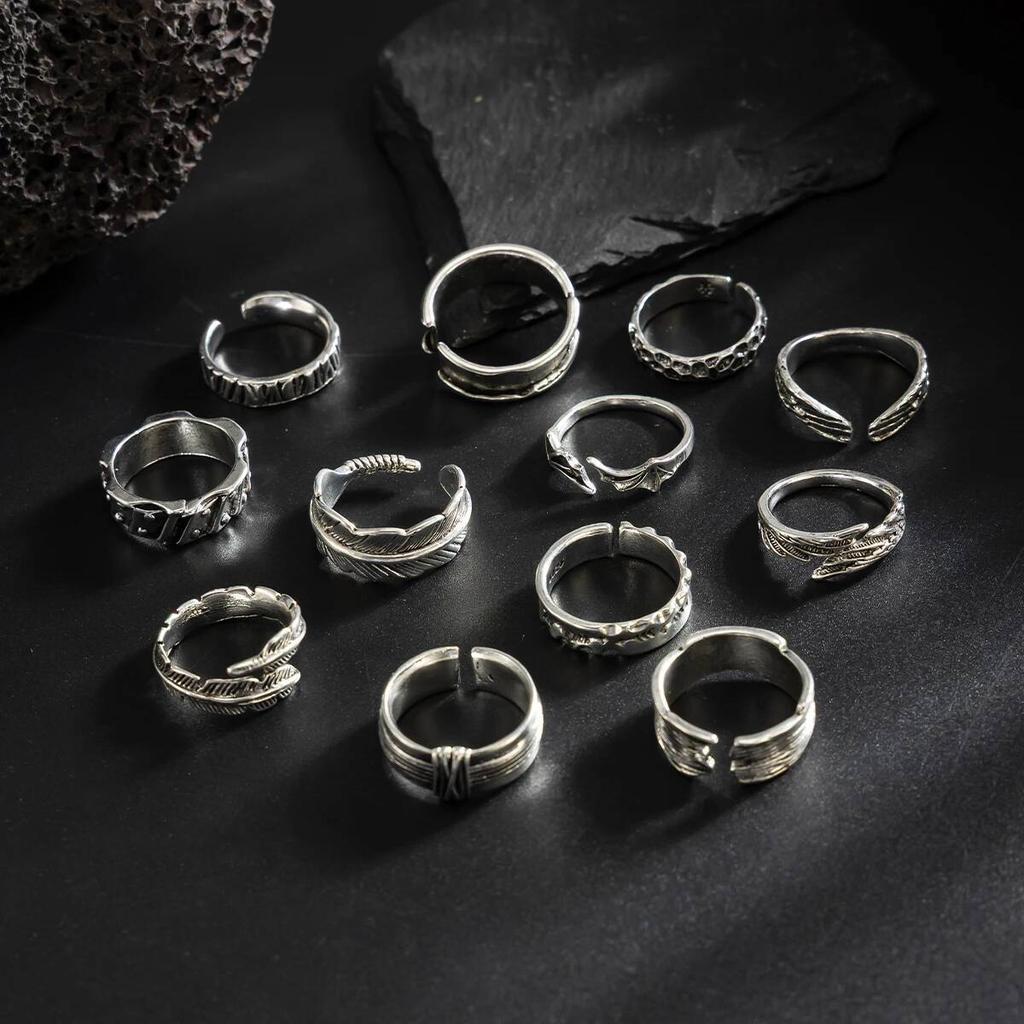 Ingemark Set da 12 Pezzi Anelli Punk Aperti con Piume per Uomo Hip Hop Geometria Ali di Pipistrello Colore Argento Anello per Falange Regolabile Gioielli Maschili