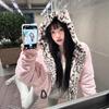 Women's Hooded Zip‑Up Fleece Jacket Cat Ear Leopard Lined Loose Warm Coat For Autumn Winter Casual Streetwear
