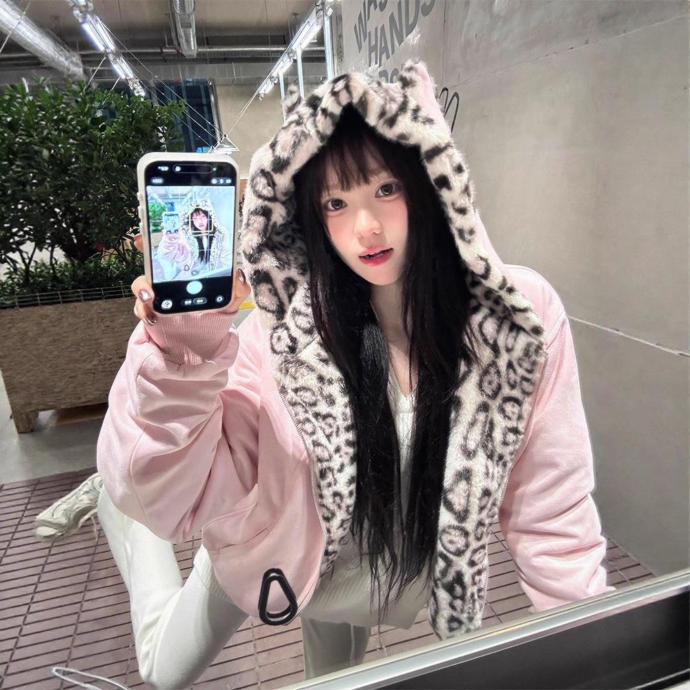 Women's Hooded Zip‑Up Fleece Jacket Cat Ear Leopard Lined Loose Warm Coat For Autumn Winter Casual Streetwear