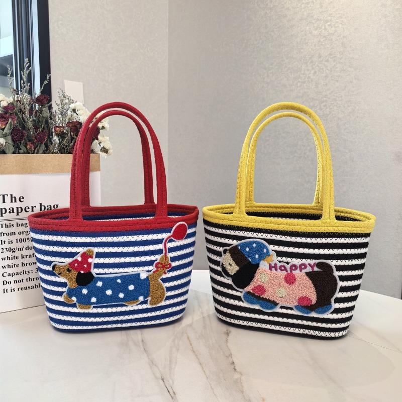 Dachshund Woven Bag Bucket Bag Tide Contrasting Color Cotton Rope Woven Puppy Shoulder Bag Large Capacity Tote Bag Gift