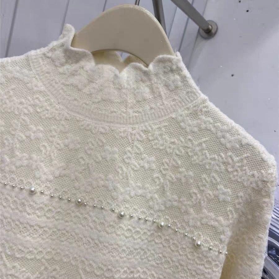 Women's Jacquard Knit Sweater Autumn Winter  Soft Warm Beads Slim-fit Pullover Knit Top Stretch Knit Sweater