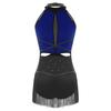 S-XXL Women's Competition Leotard: Allover Rhinestone Backless Bodysuit with Tassel Skirt & Contrast Color for Chacha Rumba Dance
