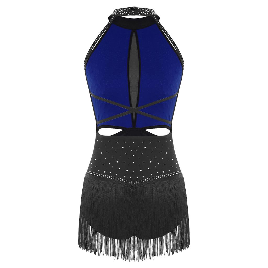 S-XXL Women's Competition Leotard: Allover Rhinestone Backless Bodysuit with Tassel Skirt & Contrast Color for Chacha Rumba Dance