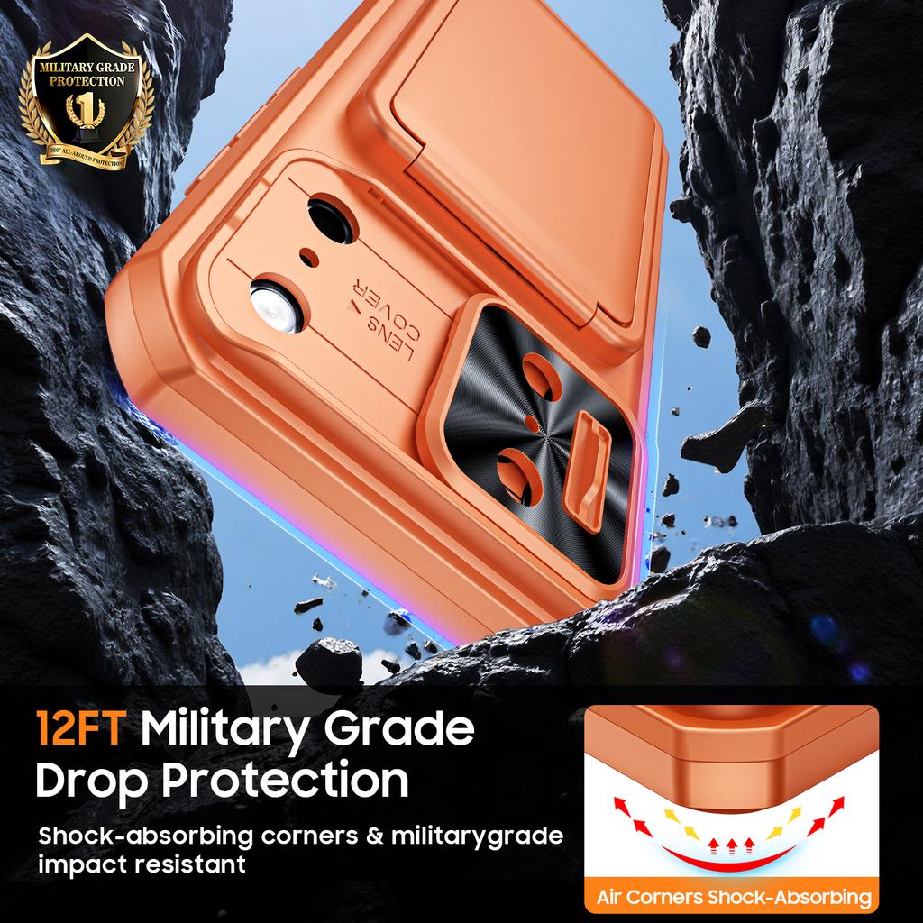 RFID Blocking Wallet Case with Card Holder Sliding Camera Cover and Kickstand for iPhone 18 Pro Max iPhone 17 Pro Max-Orange