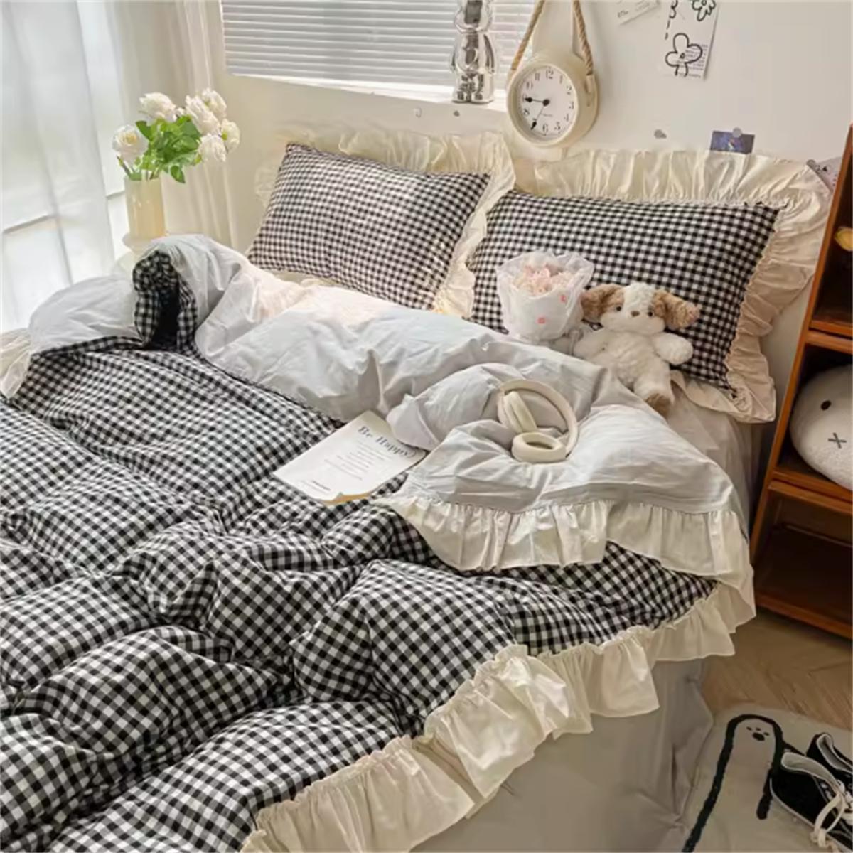 

Ins Princess Style Bedding Sets Ruffle Lace Bow Quilt Cover Romantic Bedclothes Decor Woman Girls Bedroom Duvet Cover 4pcs 150x200cm 3pcs