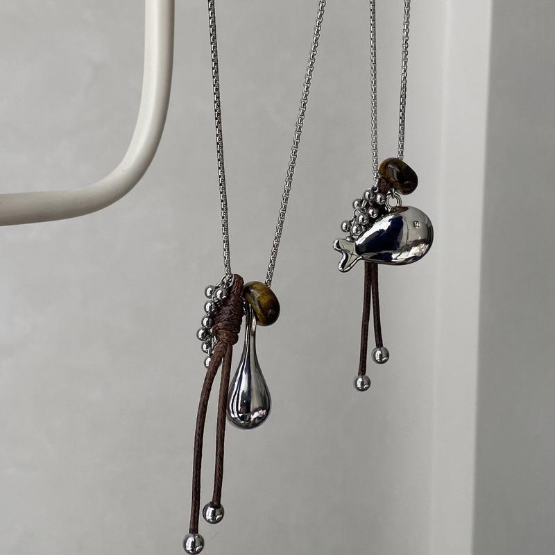 Grape Cluster Tassel Pendant Necklace for Women Leather Cord Fish Water Drop Long Sweater Necklace Retro Cold Wind Daily Jewelry