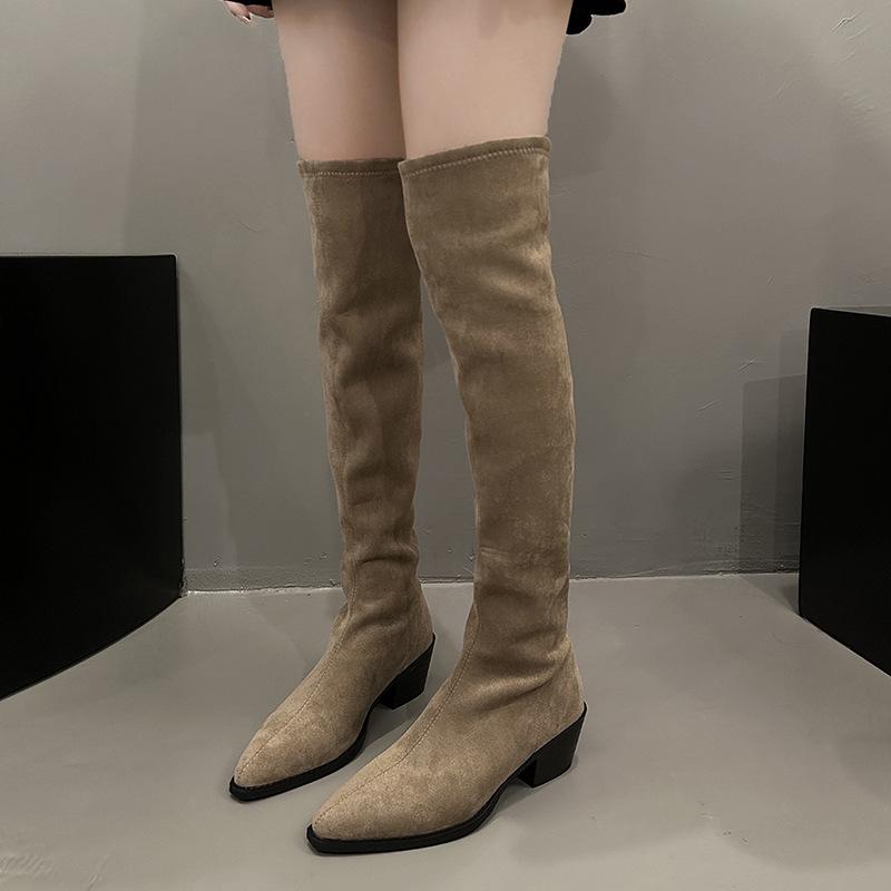 Fashion Stretch Soft Leather Women Over the Knee High Boots Fashion Pointed Toe Shoes Autumn Winter Thick Heel Ladies Long Booties