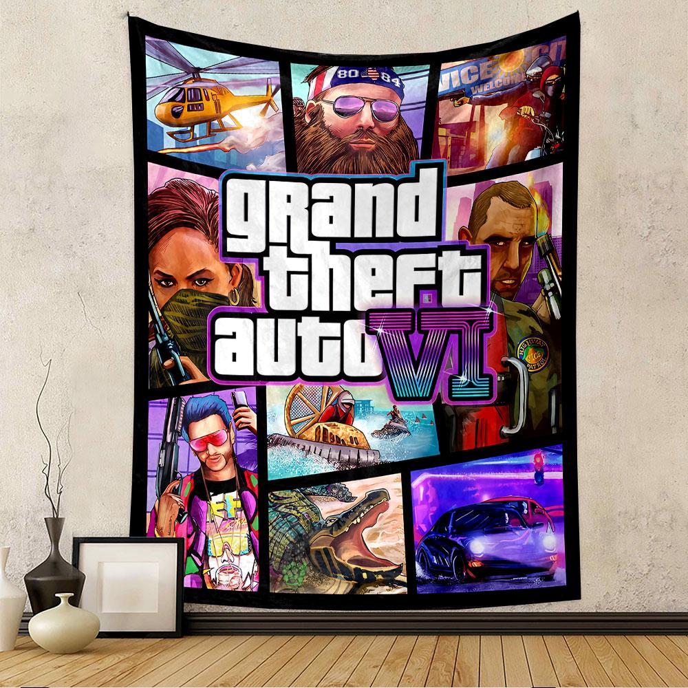 GTA VI Tapestry Wall Hanging, Grand Theft Auto 6 Poster Art, Gamer Wall Decor for Bedroom Living Room Dorm