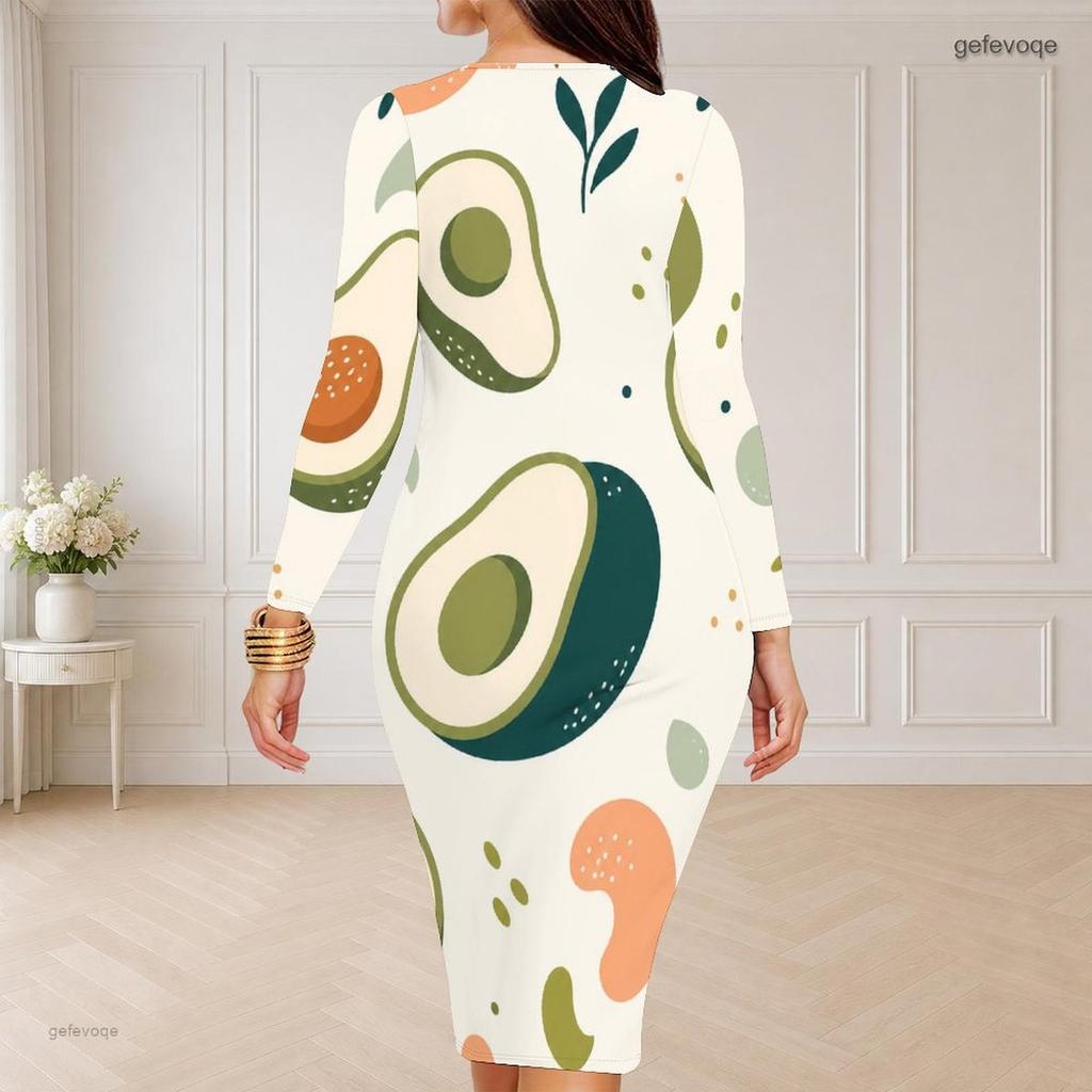 Women Plus Size Round Neck Long Sleeve Printed Bodycon Midi Dress