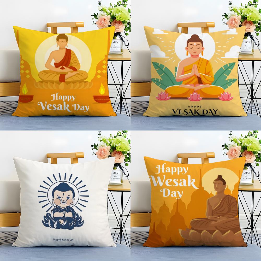 Daily Life V-Vesak Buddha'S Birthdays Cushion Cover Linen Pillowcase Soft For Sofa Bed Home Room Decor