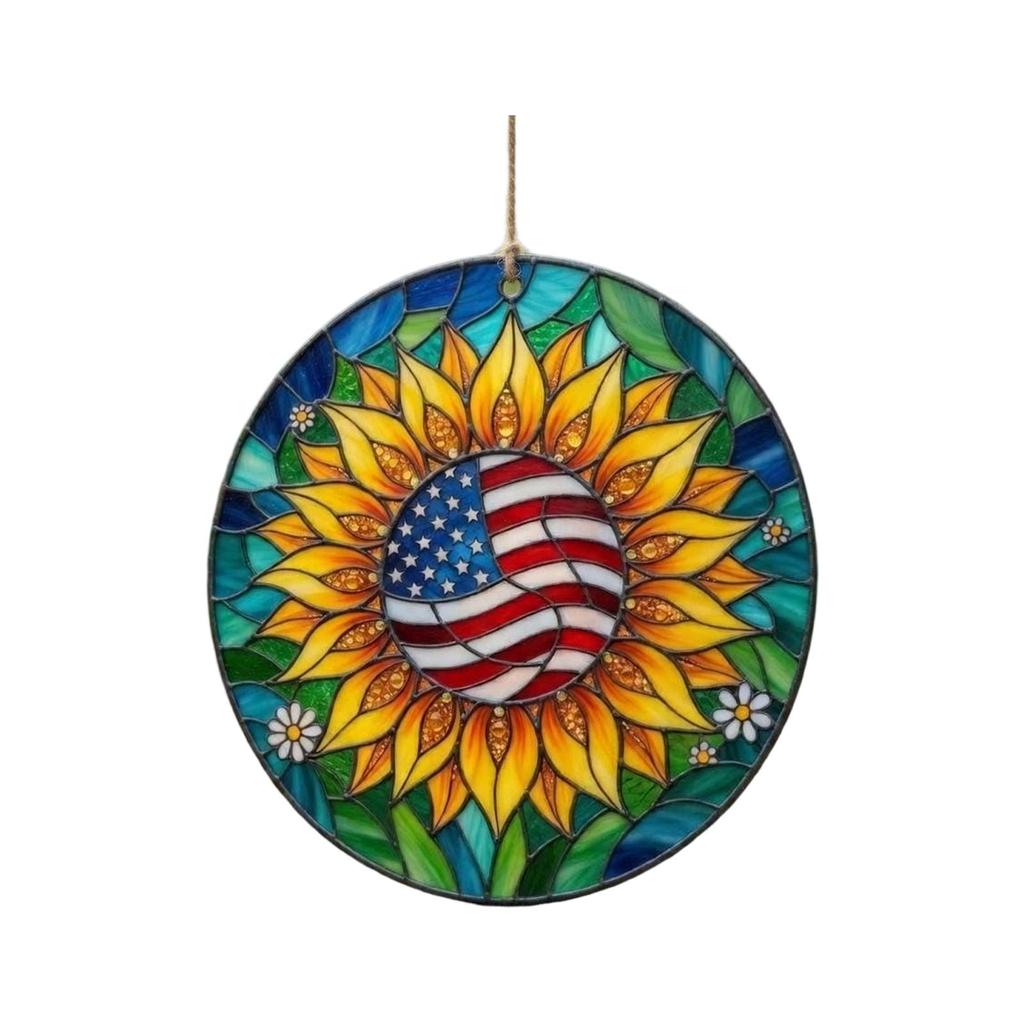American 0th Anniversary Stained Glass Acrylic Suncatcher, Patriotic Flower Vase Window Hanging Decor