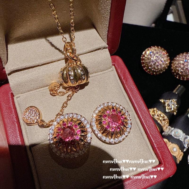 Vintage Floral Enamel Filigree Rose Window CZ Earrings With Gemstone Accents Sunflower Charm Pendant Necklace Set