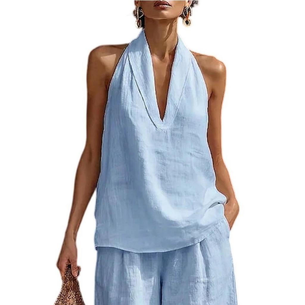 Dameslosse Pasvorm V-hals Halterhals Mouwloos Effen Kleur Katoen Linnen Tanktop Zomer Casual Blouse