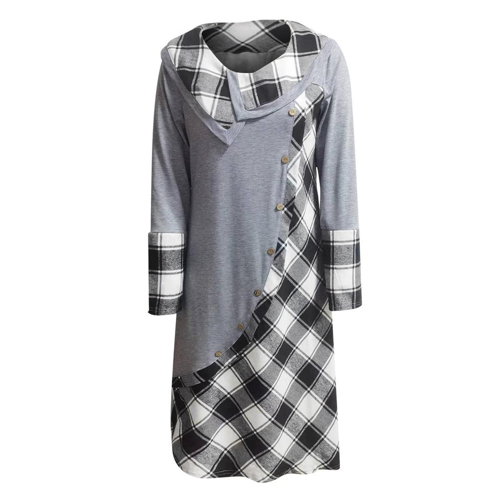 Women's Plaid Stitching Button Pockets Pile Neck Long Sleeve Dress