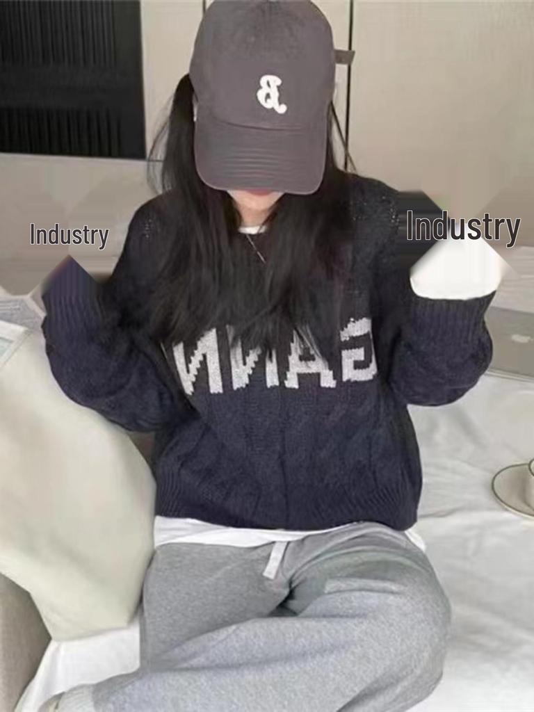 Korean Style Cable Knit Letter Pullover: Age-Reducing, Casual Loose, Soft Short Sweater for Spring/Autumn or Winter