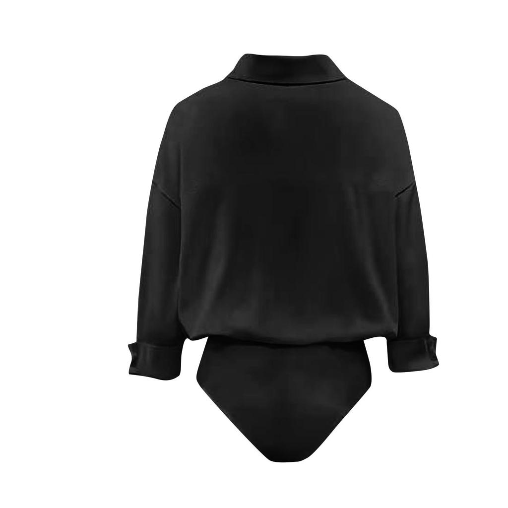 Women's Fashionable Oversized Two-Piece Button-Up Shirt Long-Sleeve Jumpsuit