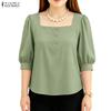 ZANZEA Women Square Collar Solid Color Casual 3/4 Sleeve Blouse