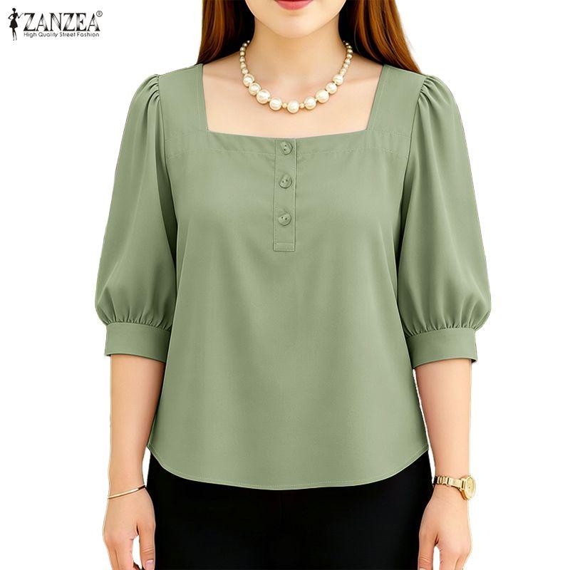 ZANZEA Women Square Collar Solid Color Casual 3/4 Sleeve Blouse