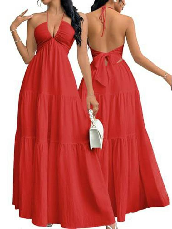 European & American Deep V Spaghetti Strap Backless Dress - Wedding, Party & Vacation Style