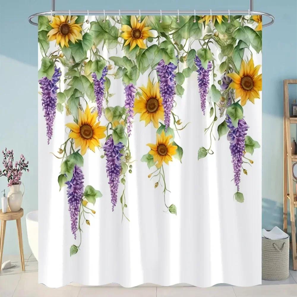 Sunflowers Lavender Shower Curtains Green Plants Popular Flowers Small White Daisy Butterflies Hanging Curtains Bathroom Decor