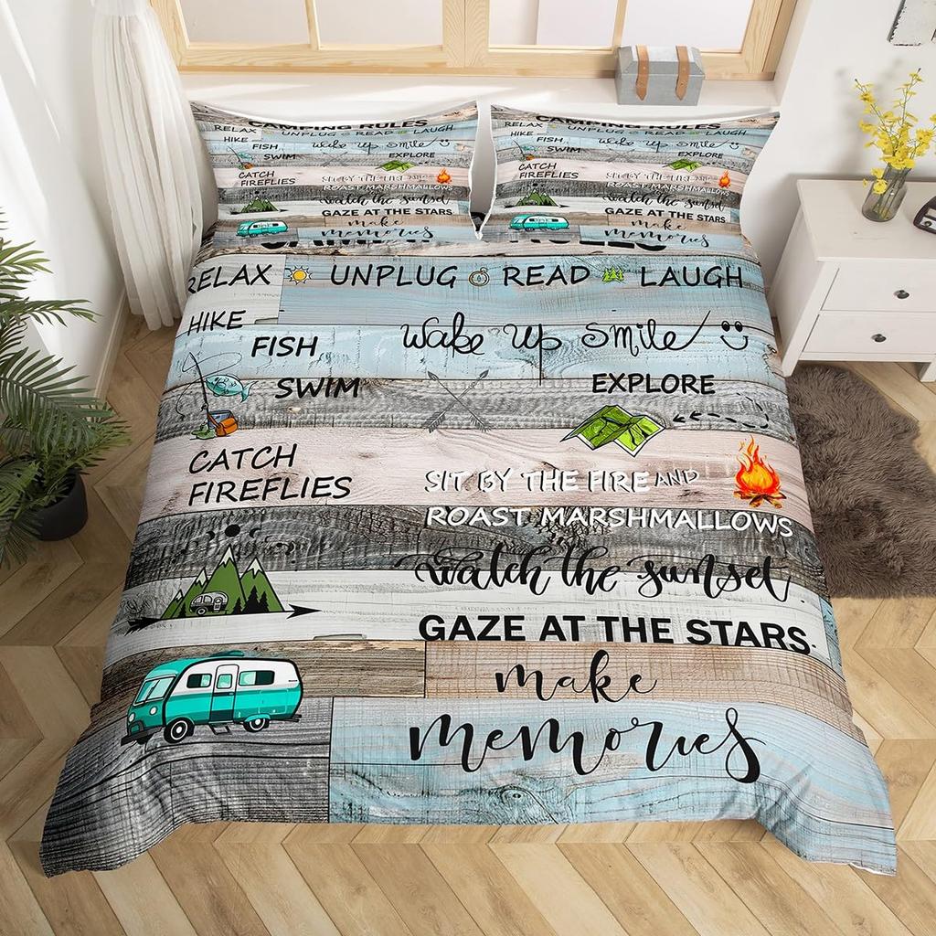 Camping Duvet Cover Lodge Cabin Camp Travel Car Bedding Set,Happy Glamping Trailer Comforter Cover Queen,Vintage Farmhouse Decor