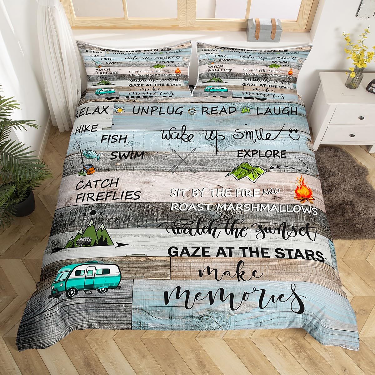 

Camping Duvet Cover Lodge Cabin Camp Travel Car Bedding SetHappy Glamping Trailer Comforter Cover QueenVintage Farmhouse Decor EU Single(135*200cm)3pcs