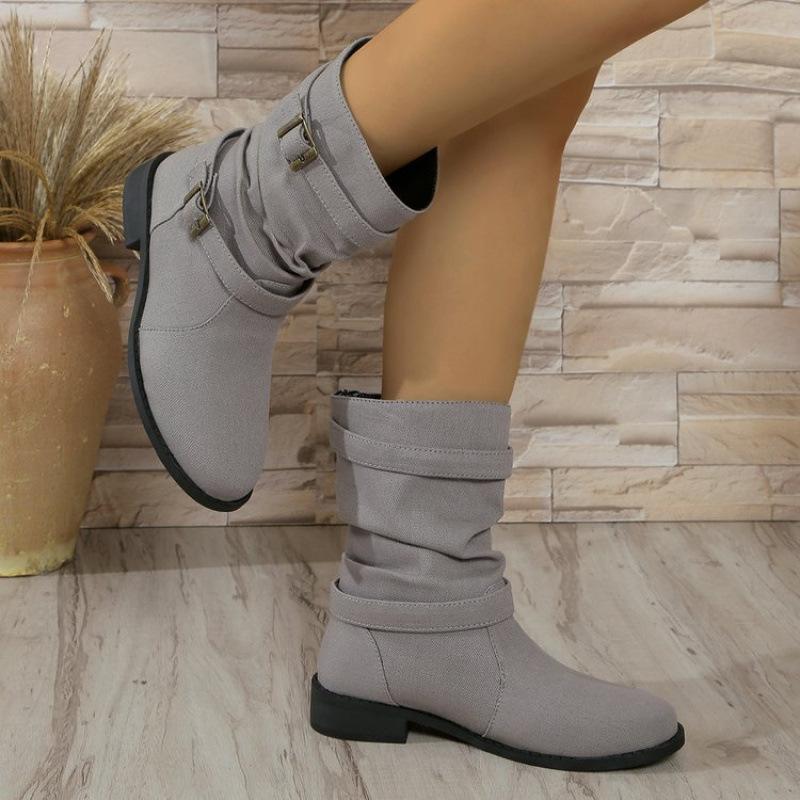 Large Size Buckle Belt Denim Buckle Belt Fashion Boots Autumn and Winter New Square Heel Round Head Going Out Boots