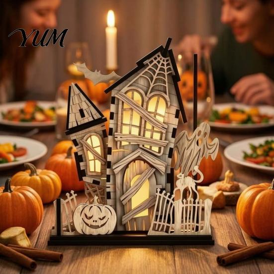 Wooden Castle Figurine 3D Halloween Village Haunted House Figurine, Spooky Light Up Ornament Desktop Retro with Ghost Pumpkin Bat for Home Party Table
