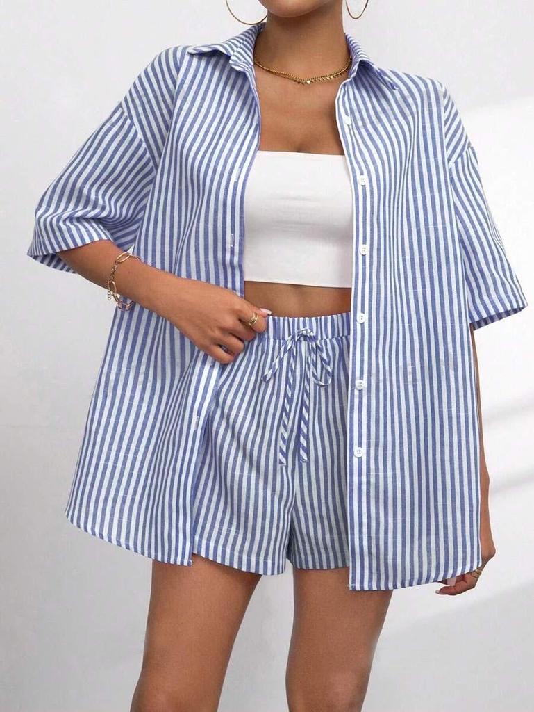 European-American 2026 Summer Fashion Striped Lapel Short-Sleeve Top & Short-Pants Casual Women's Two-Piece Set