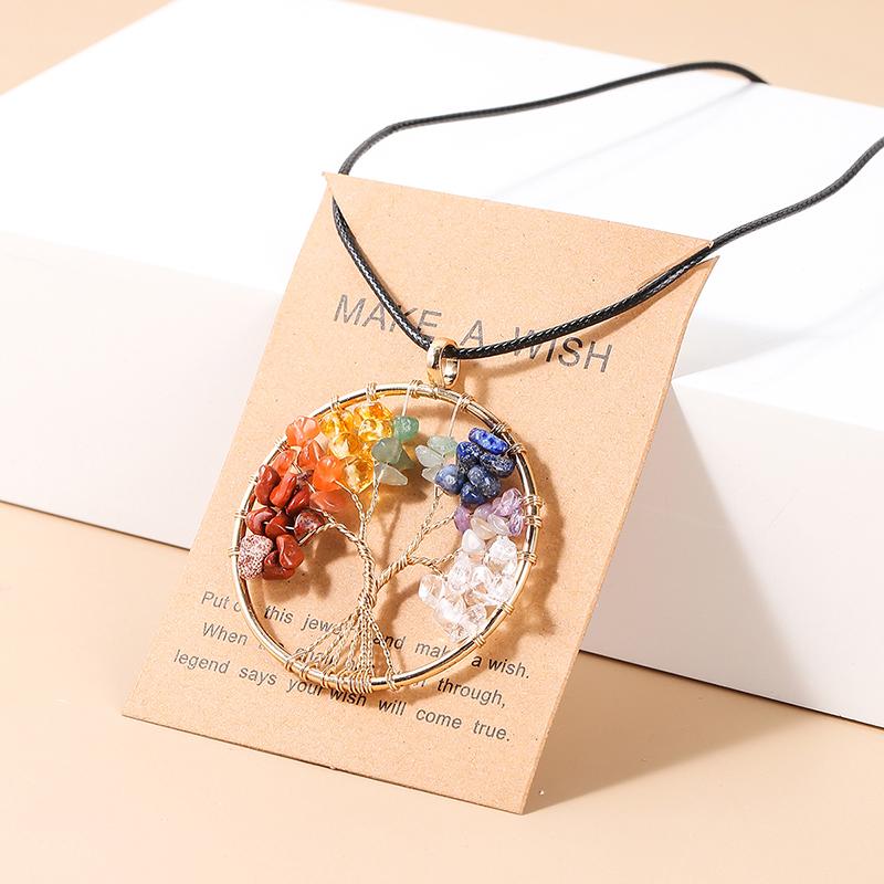 

JD Natural Crystal Chip 7 Chakras Tree Of Life Pendant Necklace Gold Color Wisdom Reiki Healing Energy Jewelry Lucky Couple Gift 45cm plus 5cm