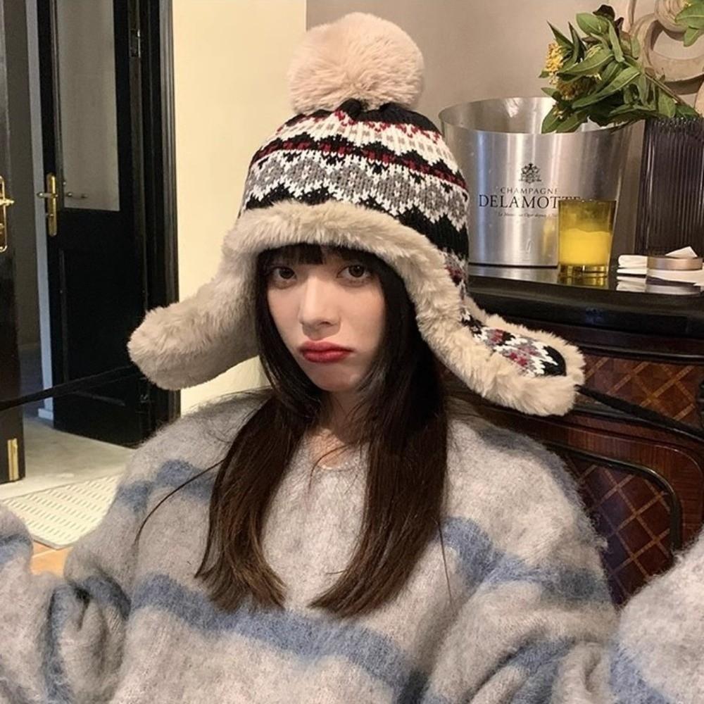 New Pompom Warm Hat Warm Windproof Pullover Cap Coldproof Beanie Hat for Outdoor Cycling Skiing