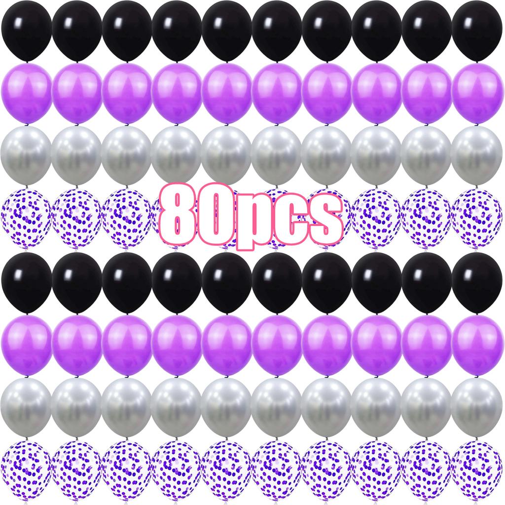 Black Purple Silver Confetti Latex Balloons 20–160 Pack, 12in Decor for Birthday Halloween Wedding