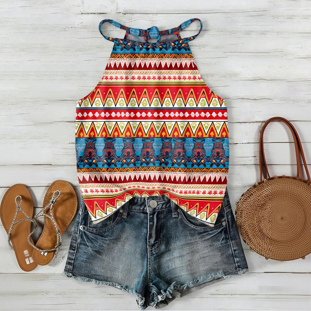Women Sleeveless Bohemian Tank Top Geometric Print Casual Summer Beachwear Lightweight Blouse with Adjustable Straps and Back Button Closure