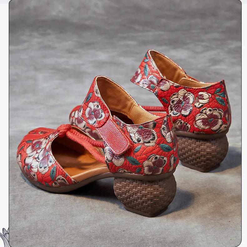 Johnature Letní dámské boty etnického stylu z pravé kůže, embosované, s tlustým podpatkem, s měkkou podrážkou, vintage sandály