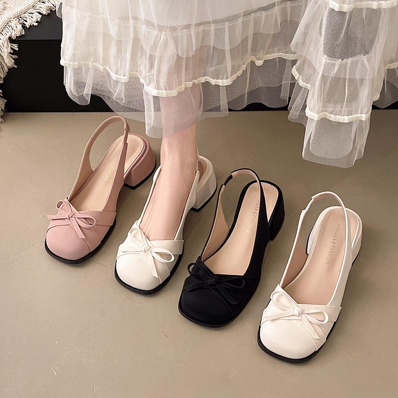 French bow bag head sandals women's 2025 summer new with skirt temperament medium heel single shoes thick heel high heels