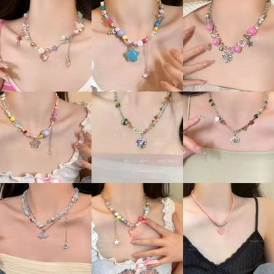 Alloy Necklace, New Summer Five-piece Colored Beaded Love Candy Necklace Dopamine Jewelry Women