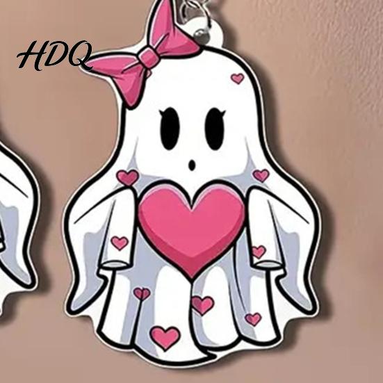 Cute Halloween Jewelry Pink Heart Ghost Earrings, with Bow Drop Non-oxidizing Earrings Lightweight Acrylic for Girls Women