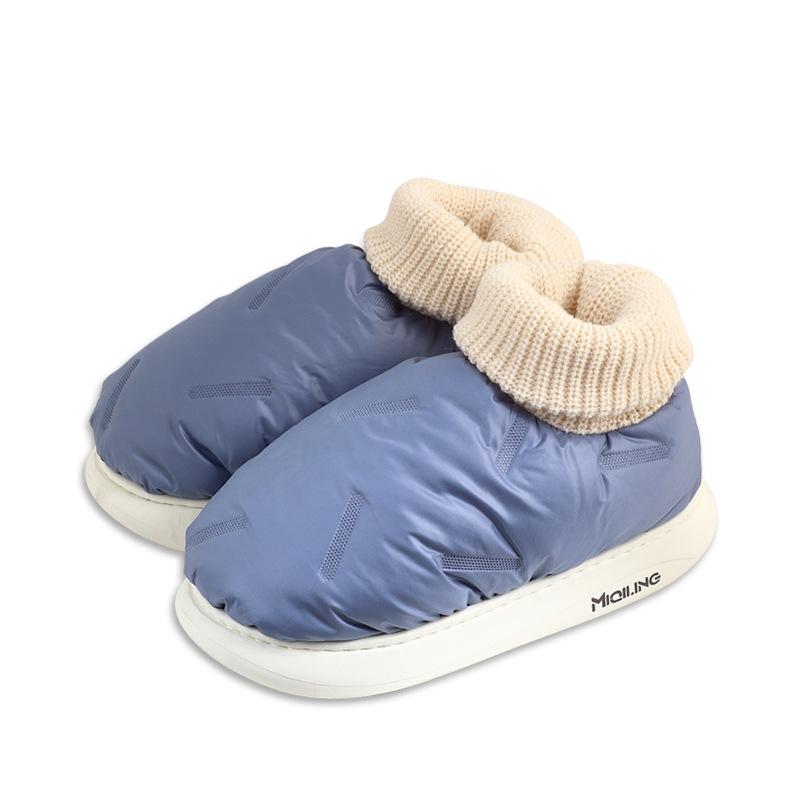 

Новые зимние домашние тапочки с толстой подошвой, теплые, из пуховой ткани, водонепроницаемые, хлопковые, женские, с сумкой и мужские домашние 42-43 темно-синий