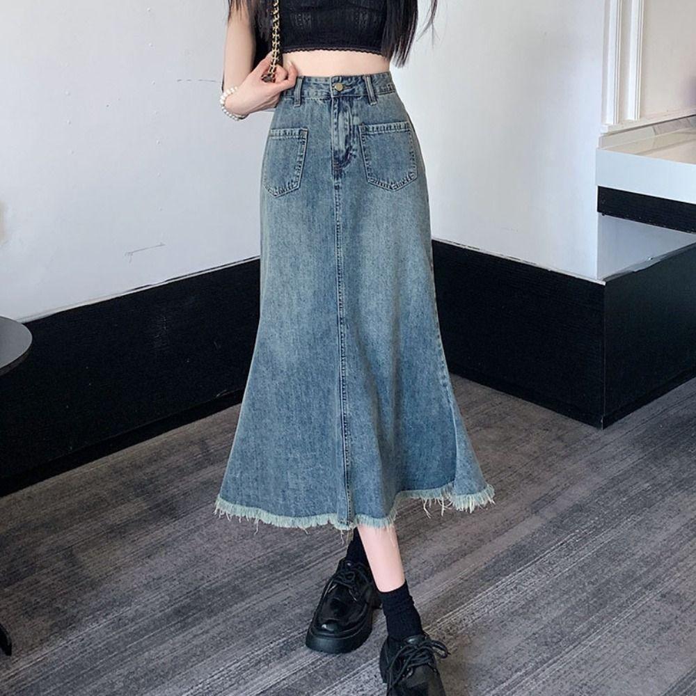 Retro Denim Skirt Women High Waist A-line Half Dress Fashion High Waist Long Skirt  Beach
