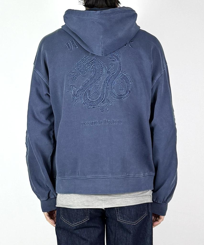 Vintage Dragon Embroidery Oversized Pigment Hoodie (Washed Blue)
