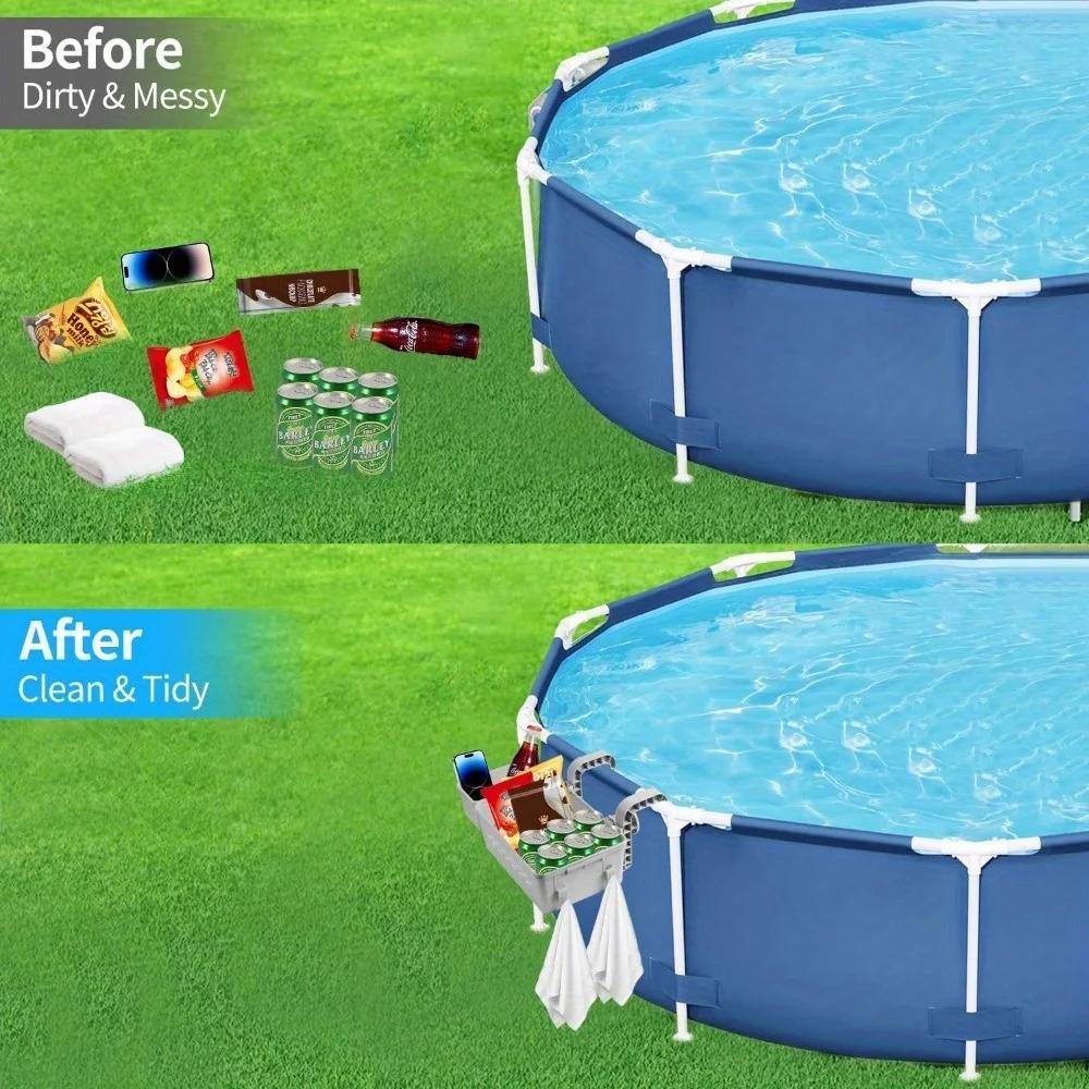 Poolside Storage Basket with Pool Cup Holder, Thickened Plastic Pool Basket for Above Ground Pool Accessories, Outdoor Swimming