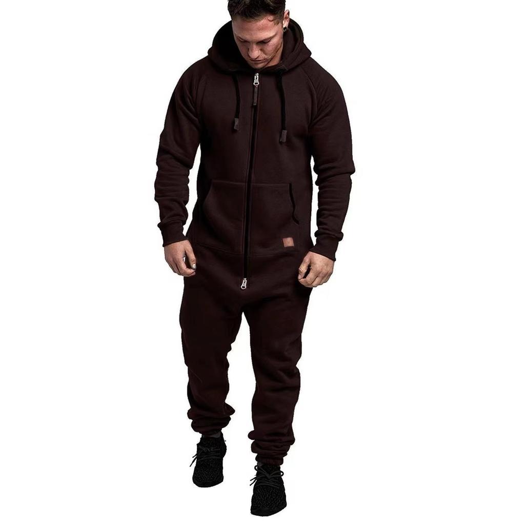 Winter Men's Hooded Fleece Jumpsuit with Solid Color and Color Blocking Casual Workwear Set for Men