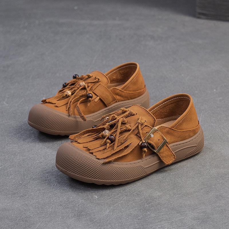 Fashion Spring Autumn genuine leather flat shoes for women with soft soles tassel retro women's shoes with top layer cowhide casual shoe