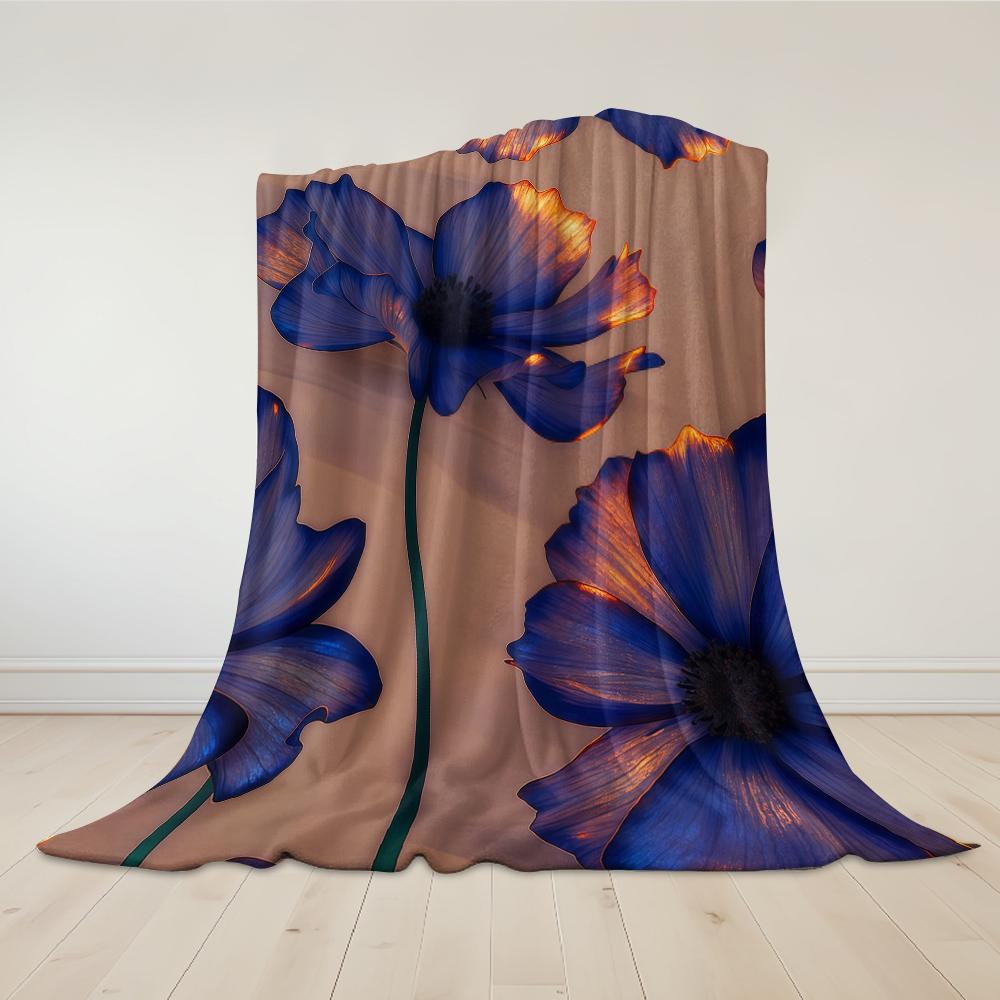 Blue Flowers with Golden Accents Flannel Blanket Warm Soft Halloween Christmas Couch Warm Cozy Decorative Decor for All Season