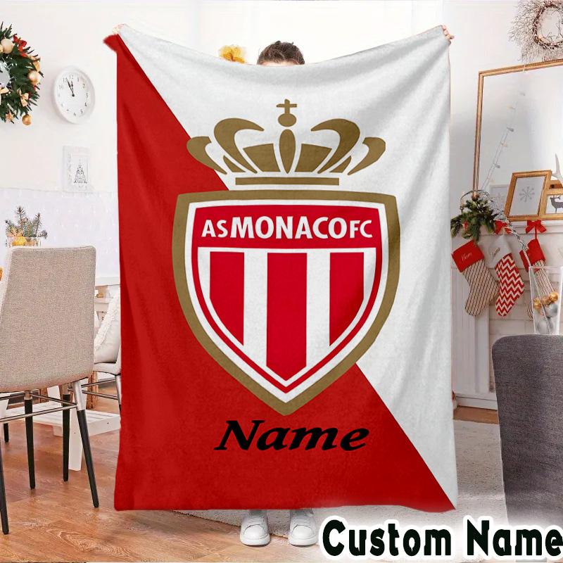 Custom Name Monaco Football Crest Throws Blanket Flannel Blankets for Couch Bed Gifts for Men Women Picnic Blanket Christmas Fan Gifts