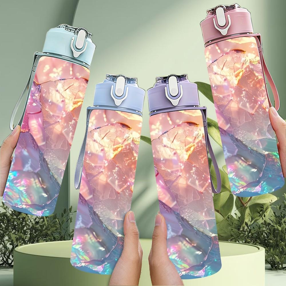 1PC Iridescent Crystal Swirl Marble Texture 750ml Color Plastic Sports Water Bottle Leakproof Flip Straw Lid Suitable for Sports Office Home Use