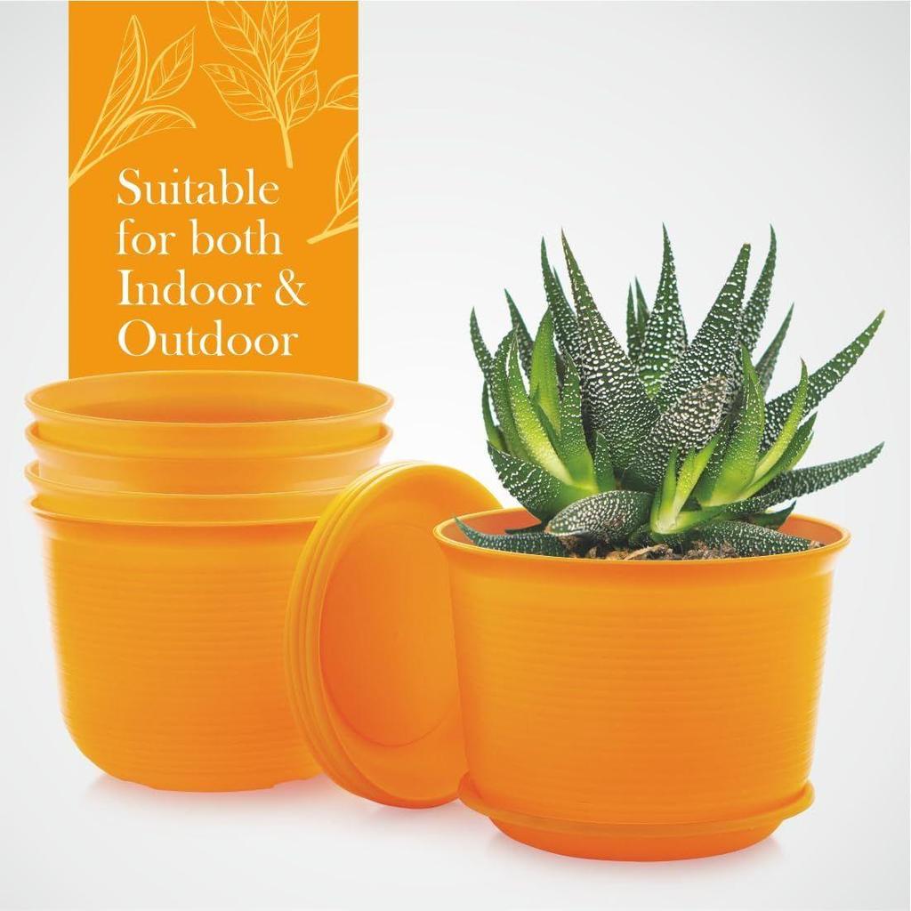 10 Inch Plastic Round Flower Pots with Tray for Home Planters, Terrace, Garden Etc | Pack of 05 | Orange | for Home Indoor & Outdoor Gardening Plants